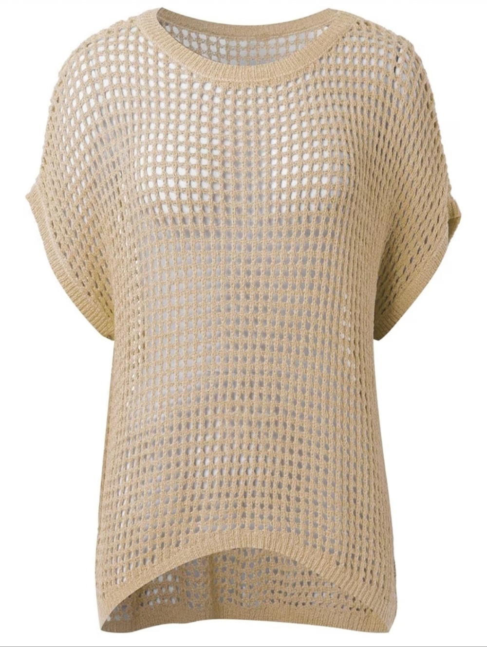 Beige Open-Knit Short Sleeve Sweater